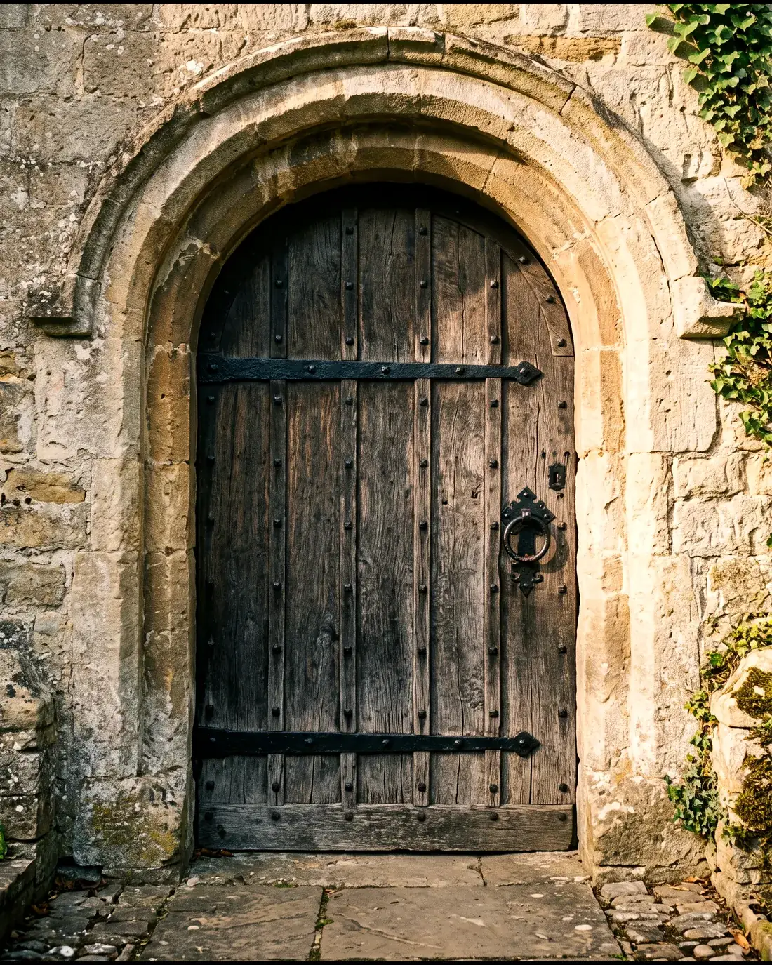An arched oak front door with a brass Oakpress Studio plaque, set in a lime-plaster wall
