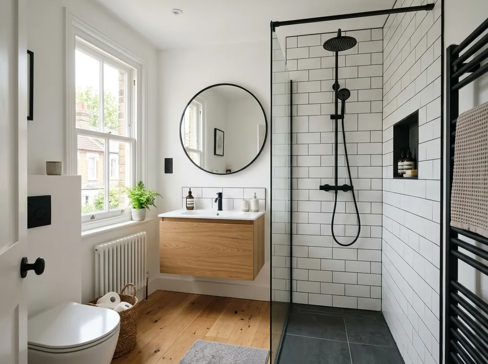 New shower room with a walk-in glass shower, white metro tiles and black fittings
