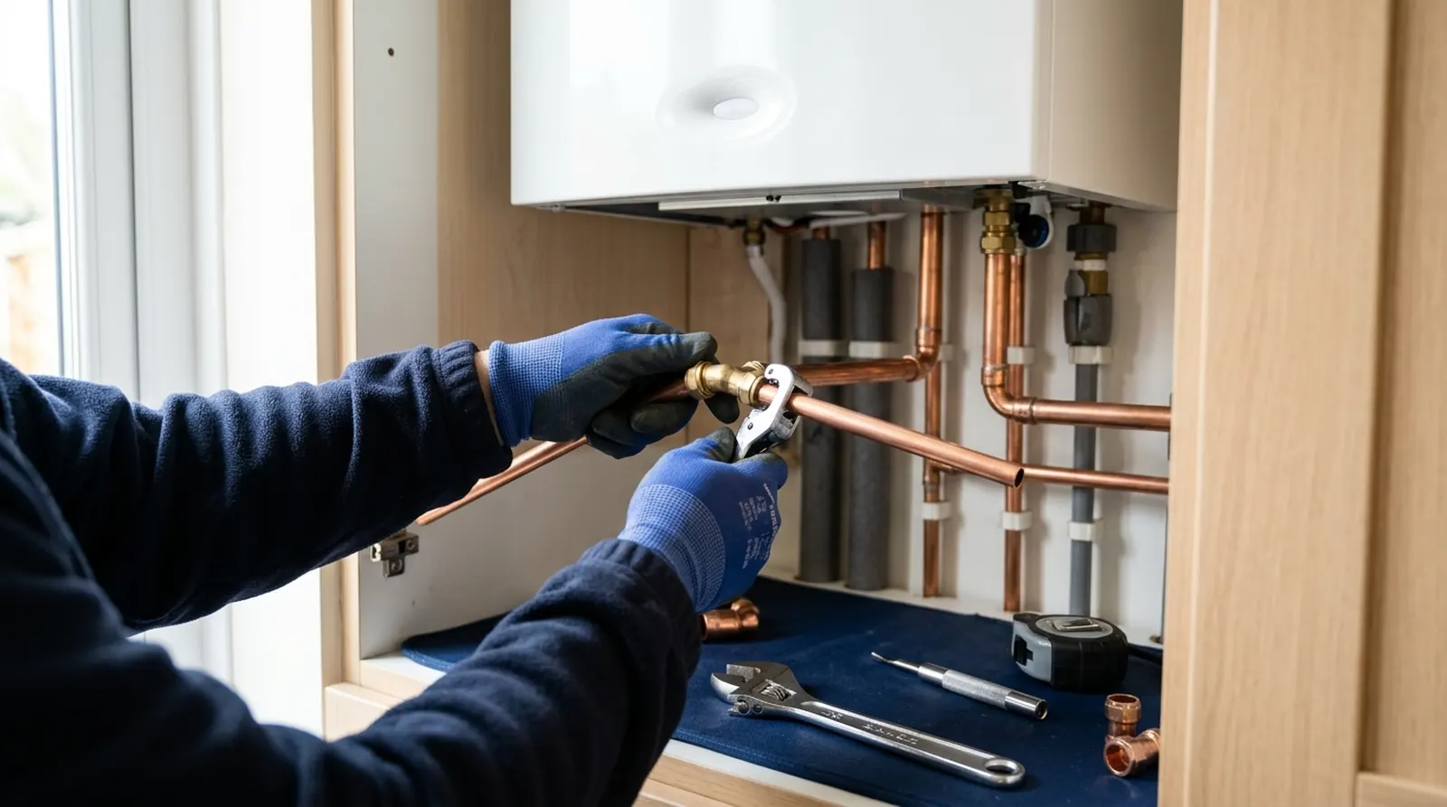 Gloved hands fitting copper pipework under a white combi boiler