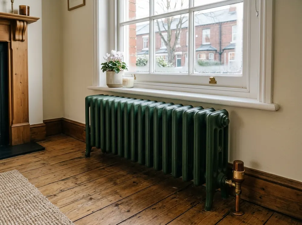 Cast-iron column radiator painted deep green under a sash window