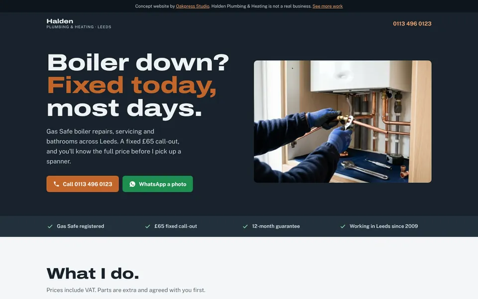 Halden Plumbing and Heating homepage: a boiler being repaired