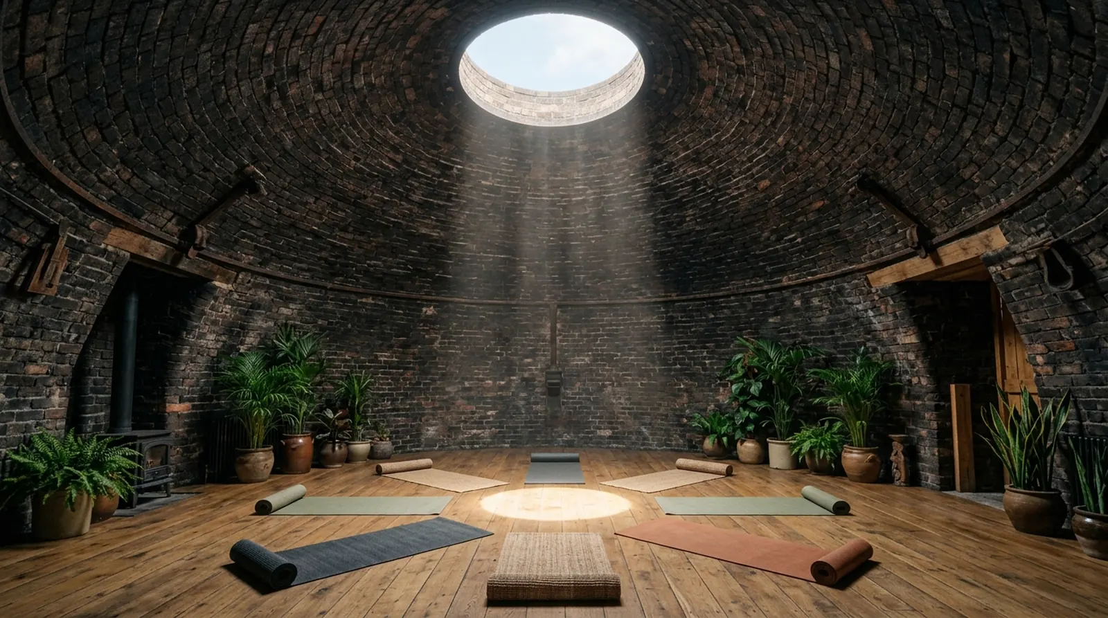 Inside the round brick kiln: light falls through the opening in the domed roof onto a ring of yoga mats