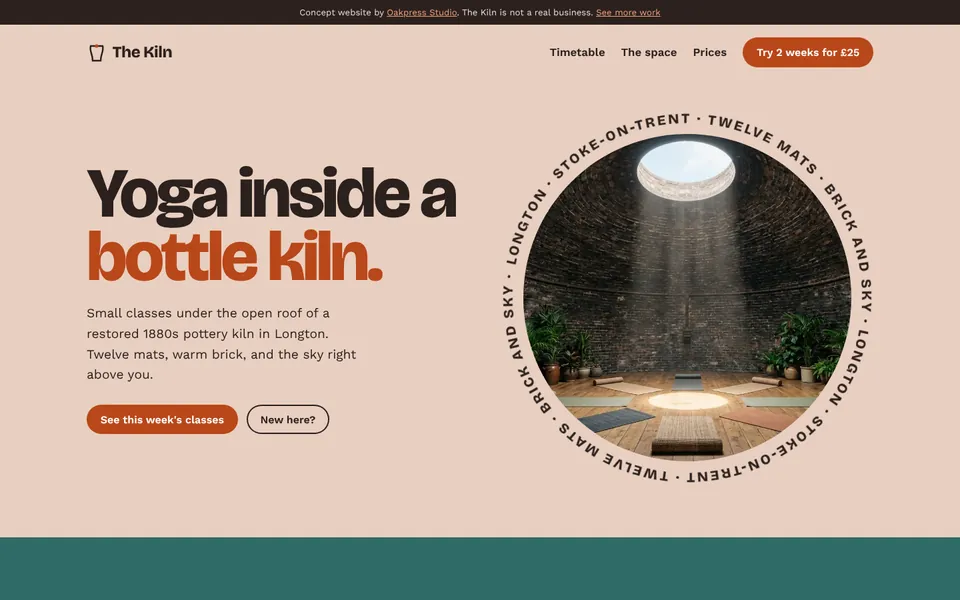 The Kiln homepage: yoga under the open roof of a bottle kiln