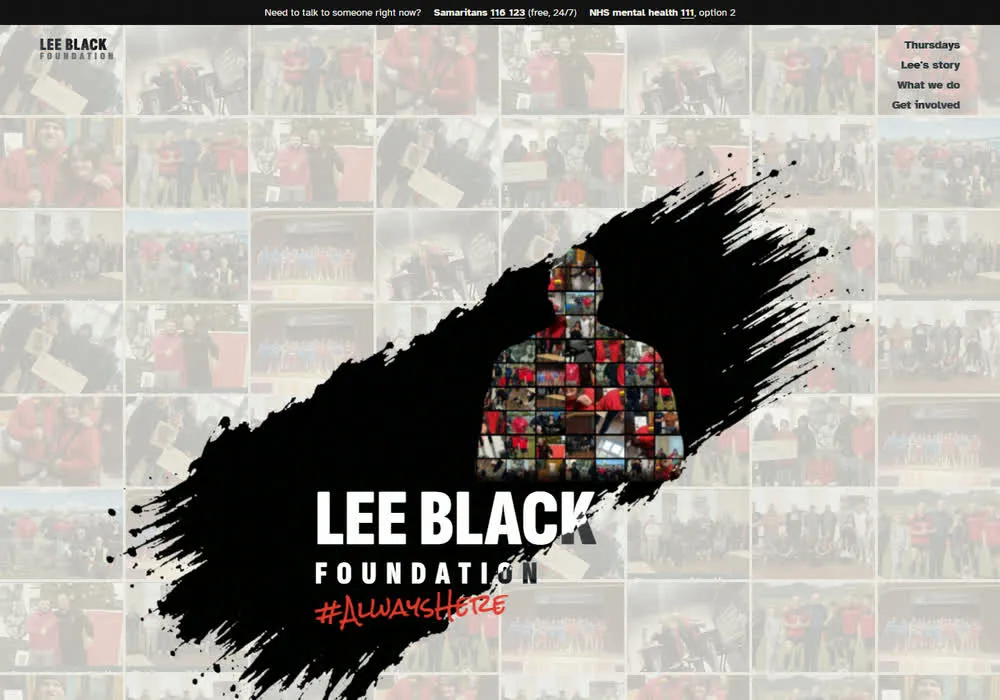 Lee Black Foundation homepage: a black brush stroke over a wall of community photos, with a silhouette of Lee made from the foundation’s own event photos and the words Lee Black Foundation, #AlwaysHere