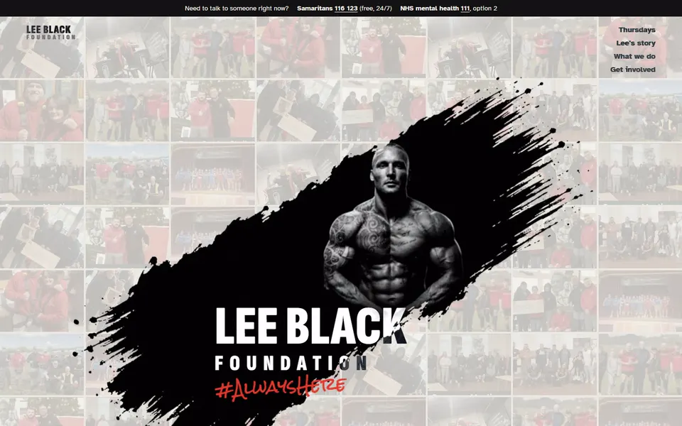 Lee Black Foundation site: a black brush stroke holding a mosaic portrait of Lee made from community photos
