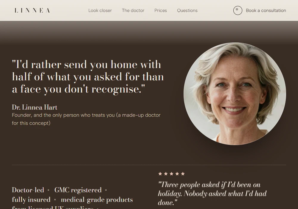 A deep cocoa section with the doctor's quote, her round portrait, a line of credentials and a five-star review