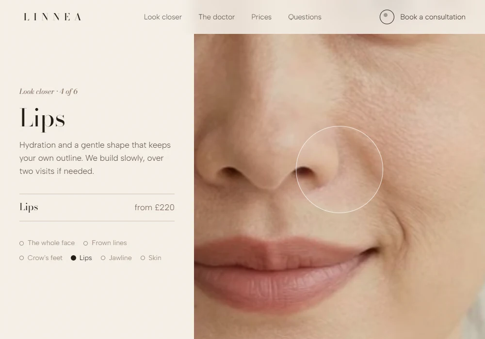 The face tour: the camera has moved in on the lips, with the treatment, a plain description and the price beside it