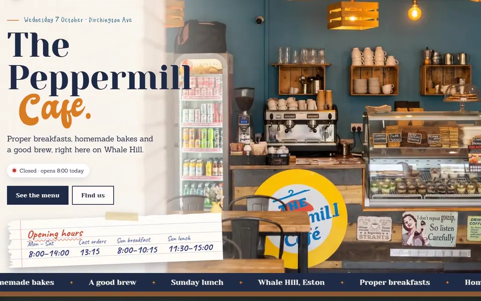 The Peppermill Cafe concept: the café counter with the name in big serif letters and opening hours on a notebook card