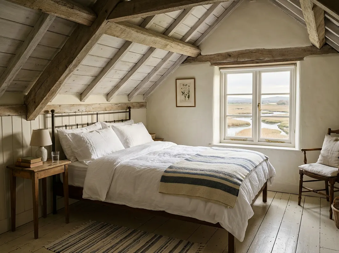 Bedroom under a beamed ceiling with white linen and a window over the marsh