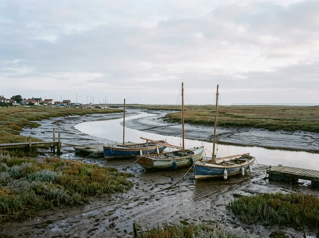Small wooden sailing boats resting on the mud of a tidal creek under a pale sky