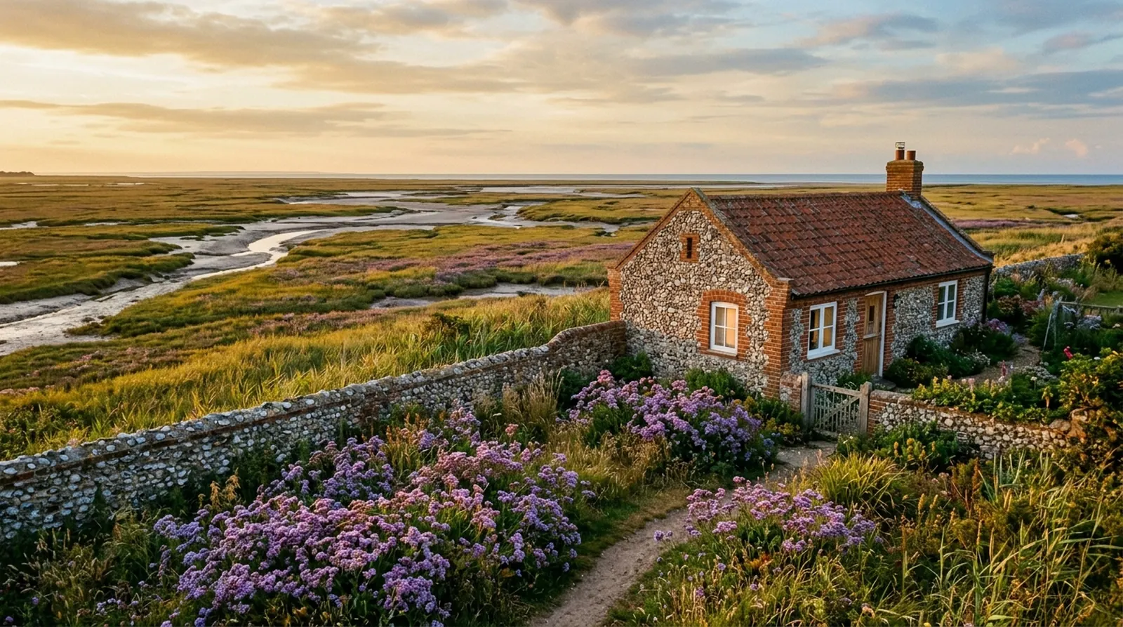 Flint and red-brick cottage with sea lavender in front and the salt marsh behind at sunset