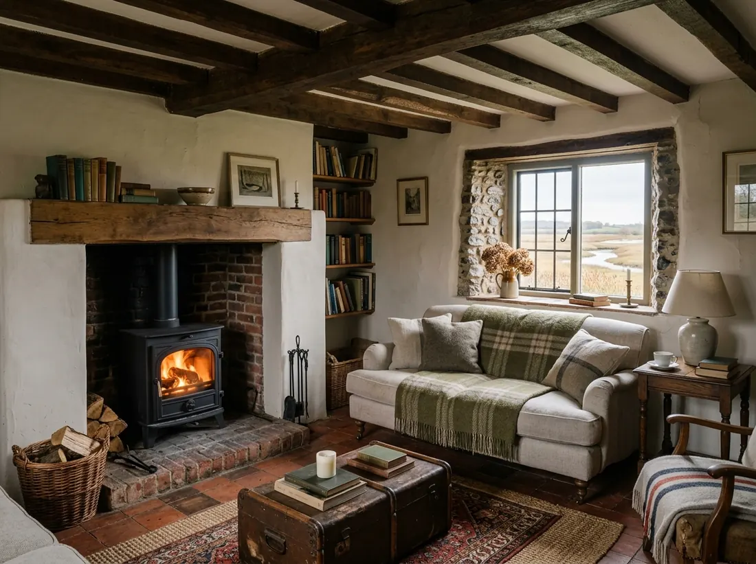 Beamed sitting room with a lit wood burner, linen sofa and a window onto the marsh
